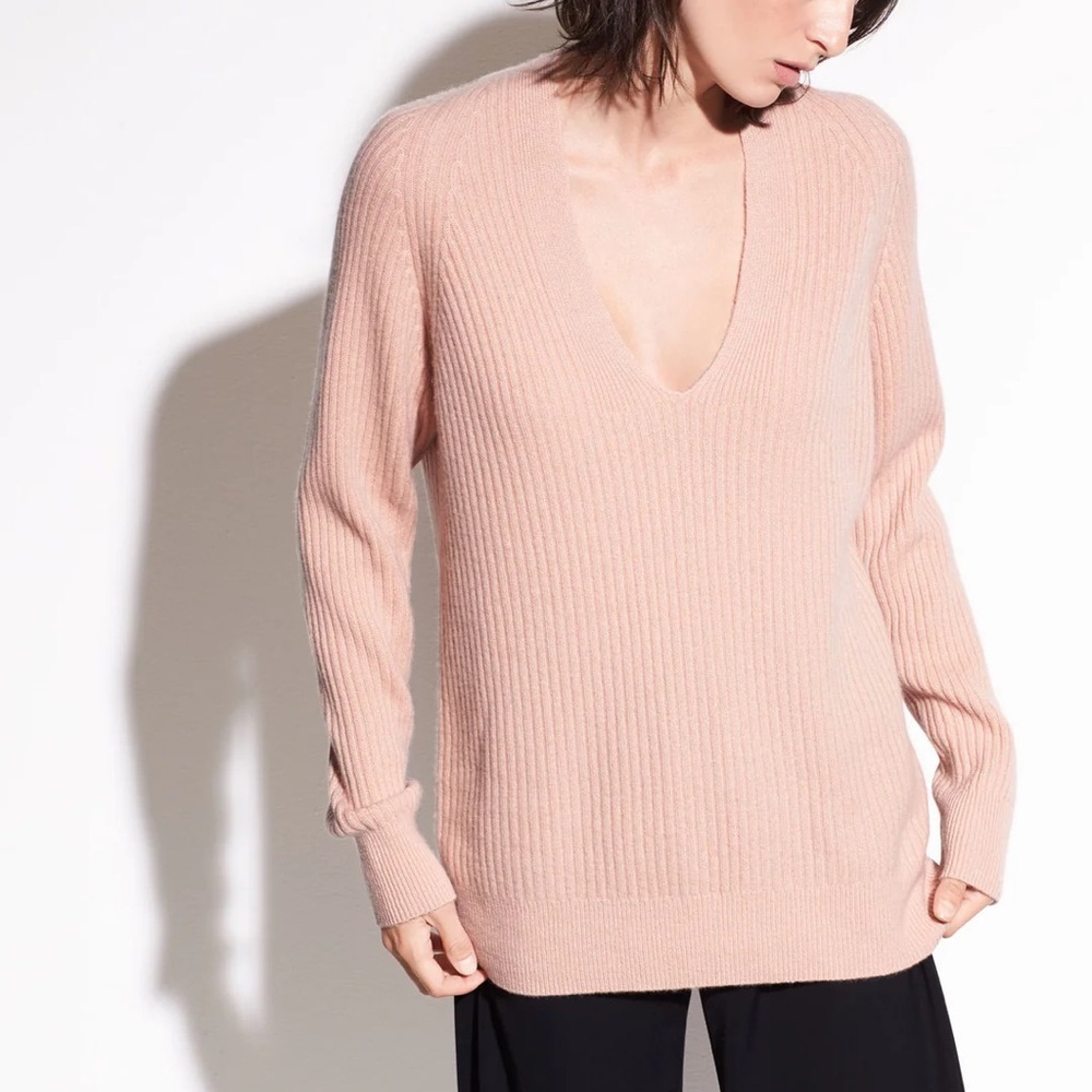 VINCE Raglan Rib V Neck Pullover wool Cashmere Sweater